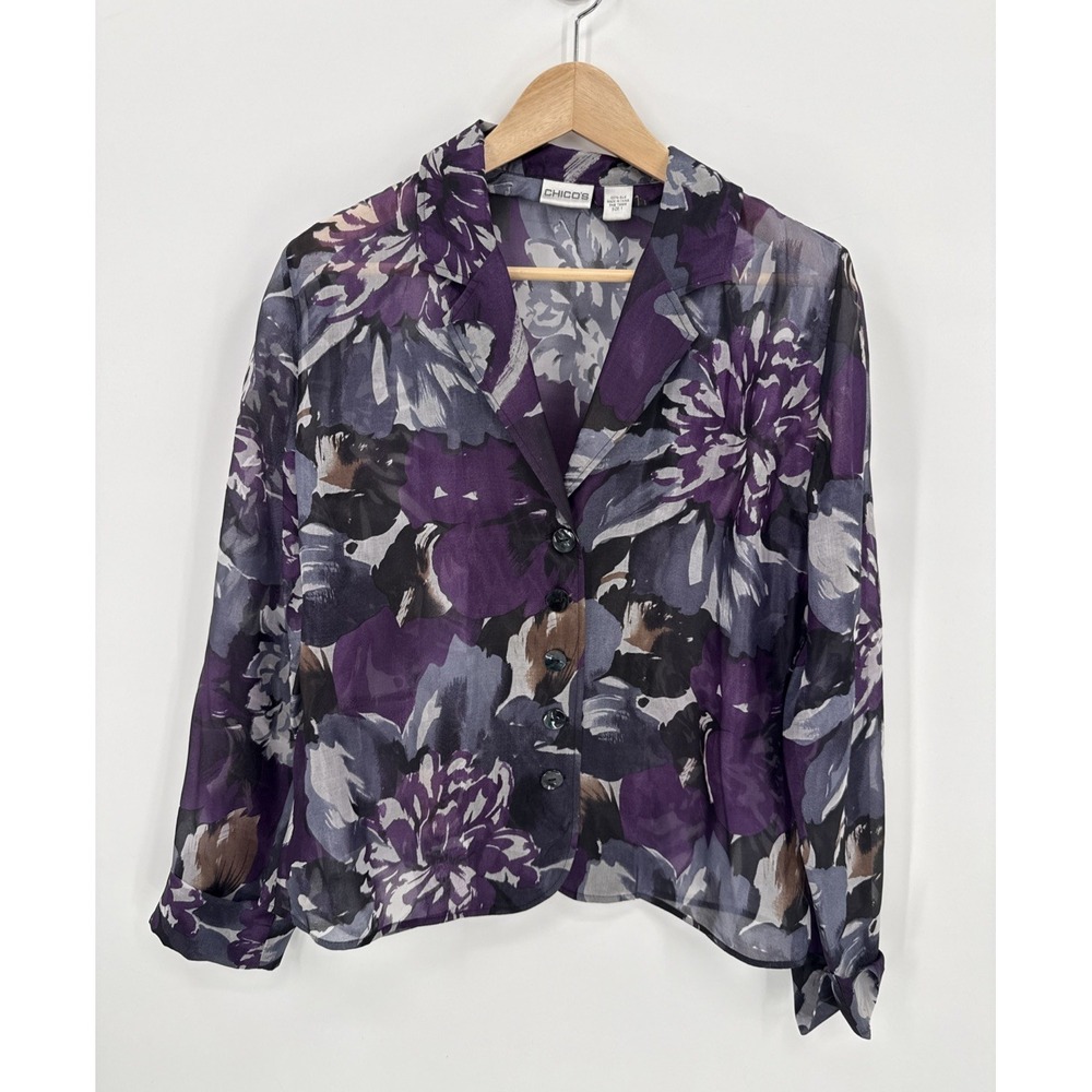 Chicos Womens Purple Floral 100% Silk Sheer Jacket Size 1/Medium Elegant